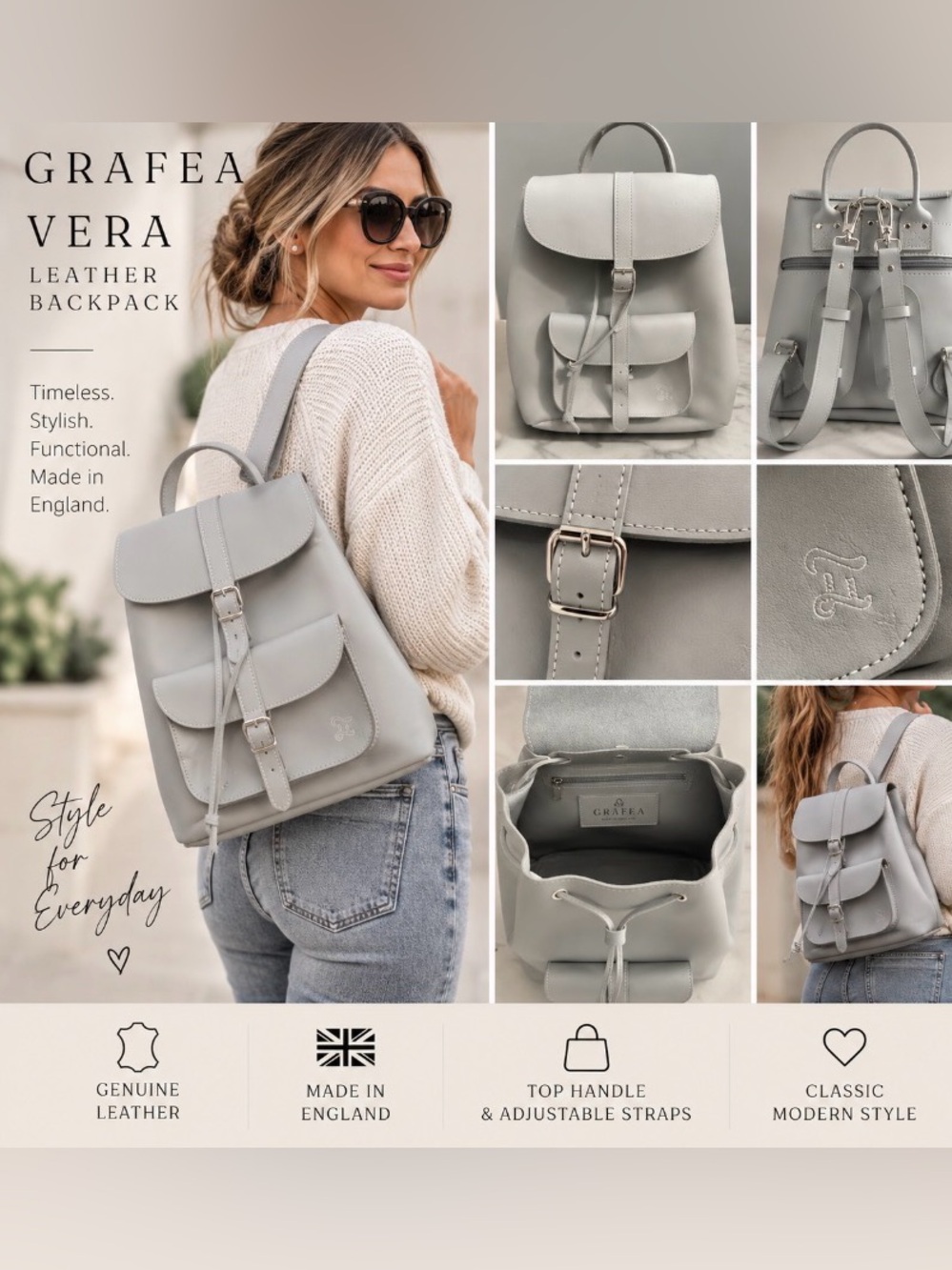 Grafea Vera Grey Genuine Leather Backpack Made in England